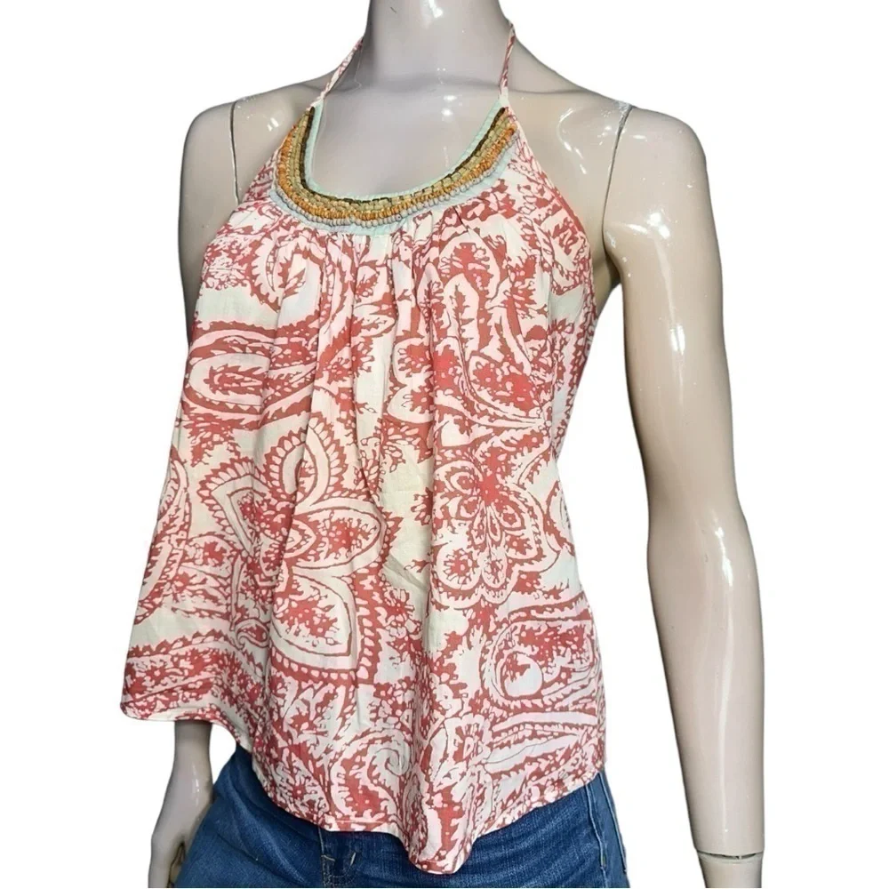 Fourtys Anthropologie S Red White Paisley Print Wooden Bead Neckline Halter Top